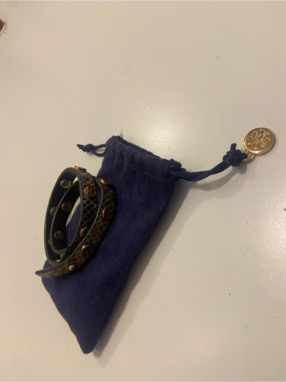 Tory Burch Brown Snake-Embossed Double Wrap Bracelet with Gold Accents